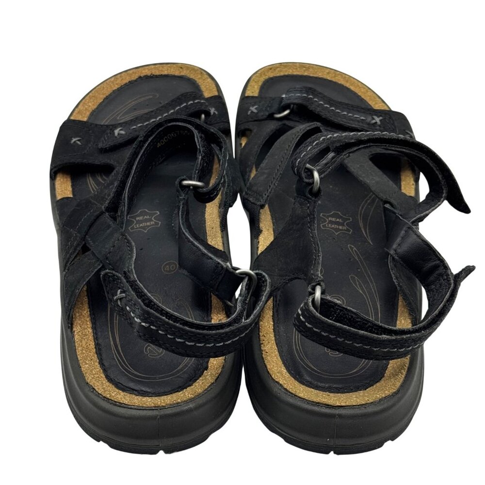 Ecco Black Leather Sandals Womens EU 40/US 9-9.5 Cork Hook Loop Outdoor Comfort - Picture 6 of 15